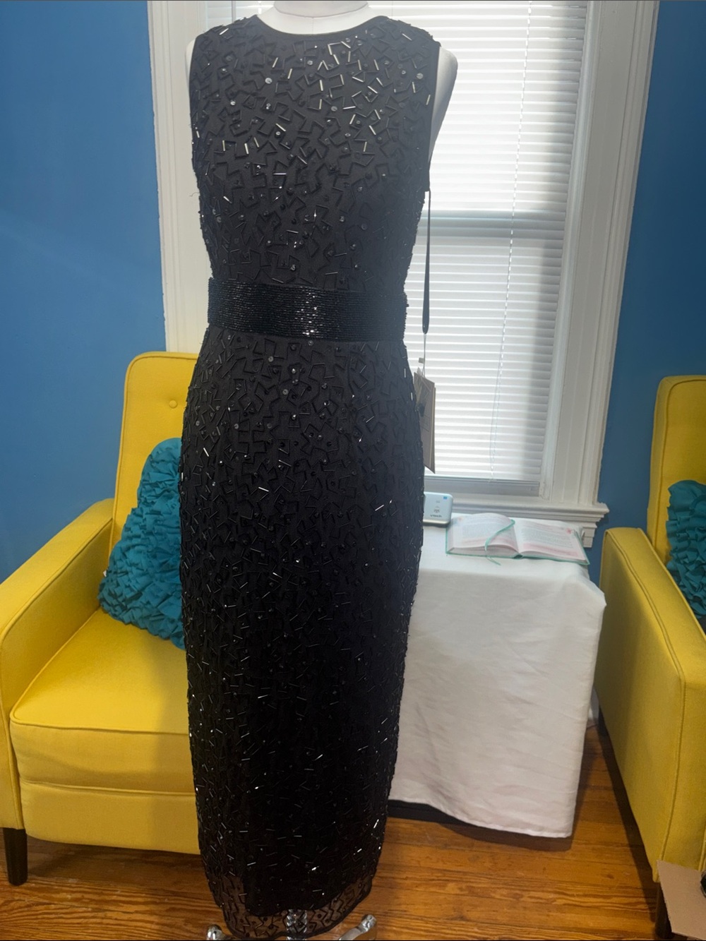 Mac Duggal Black Beaded Midi Dress with Sequin Waistband